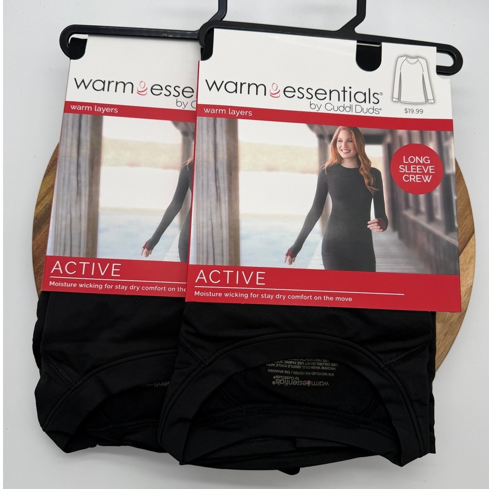 2 Pack Warm Essentials by Cuddl Small Active Long Sleeve Crew Neck Top Black